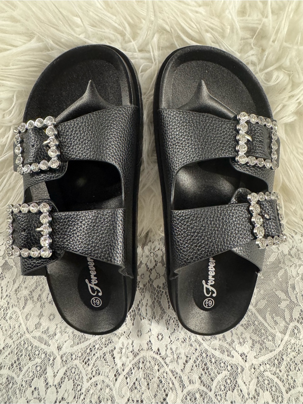 Forever 21 Black Slide Sandals with Rhinestone Buckles